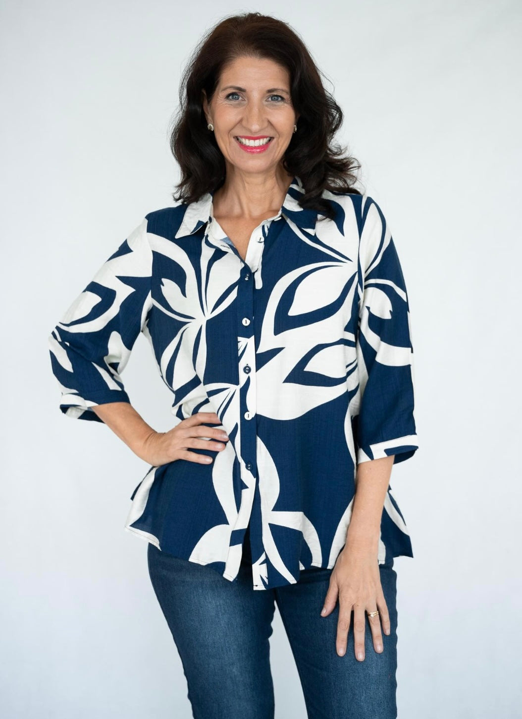 Navy and white floral shirt with collar and 3/4 adjustable sleeves