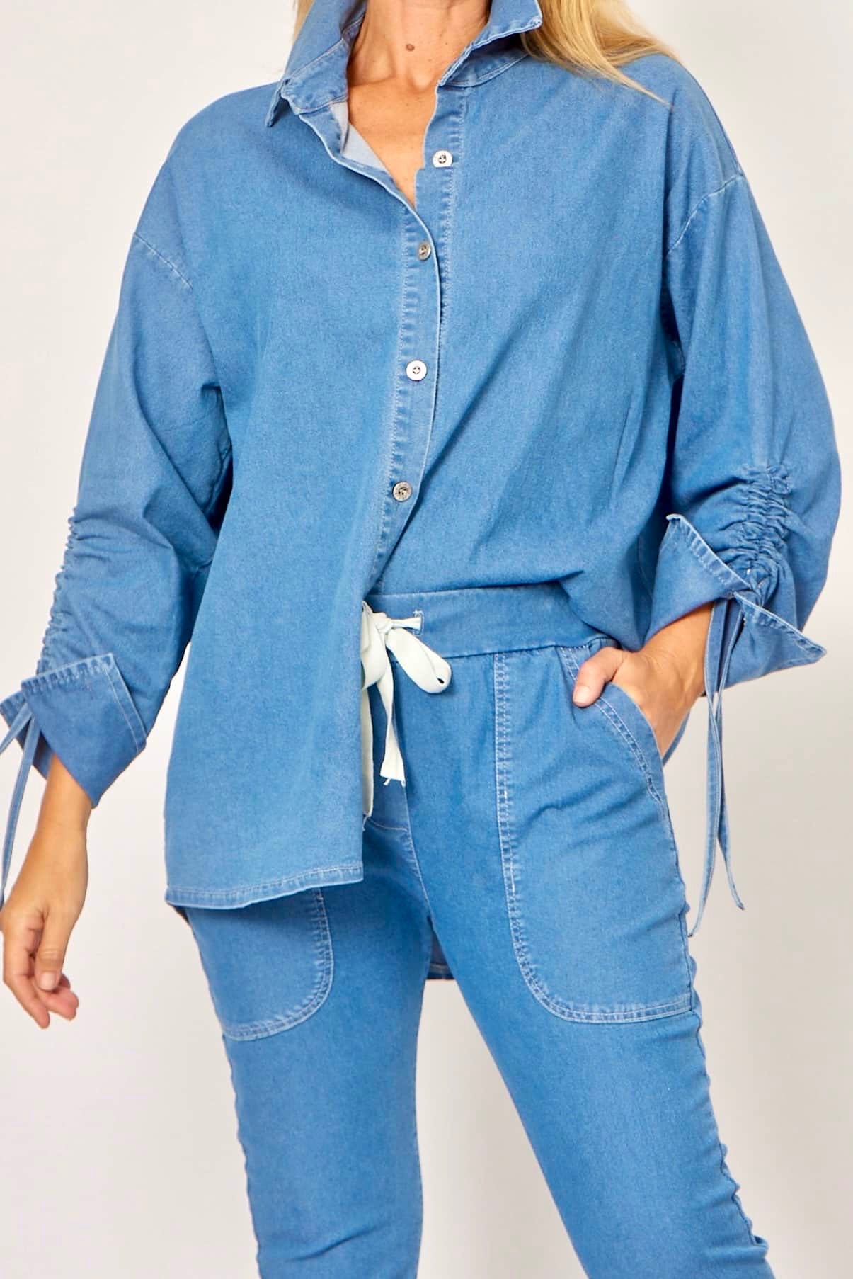 Denim shirt and stretch joggers outfit set - oversized cotton shirt with drawstring sleeves
