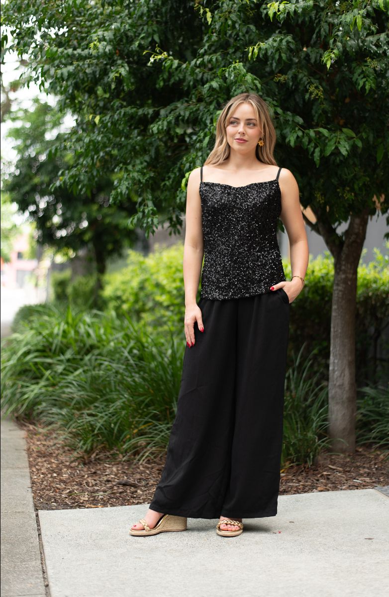 Black wide leg crepe pants with high waist and elastic back