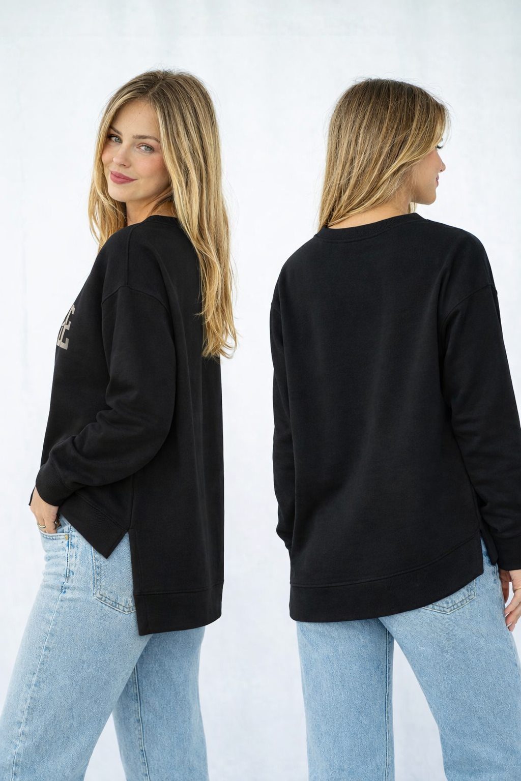 Womans white sweatshirt and light blue jeans, shown from front and back. Highlow hem line split in side crew neck