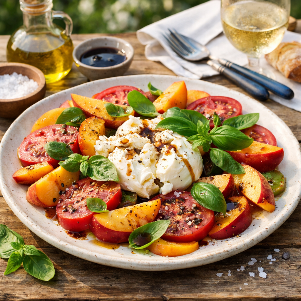 No-Cook Peach, Tomato & Burrata Summer Salad