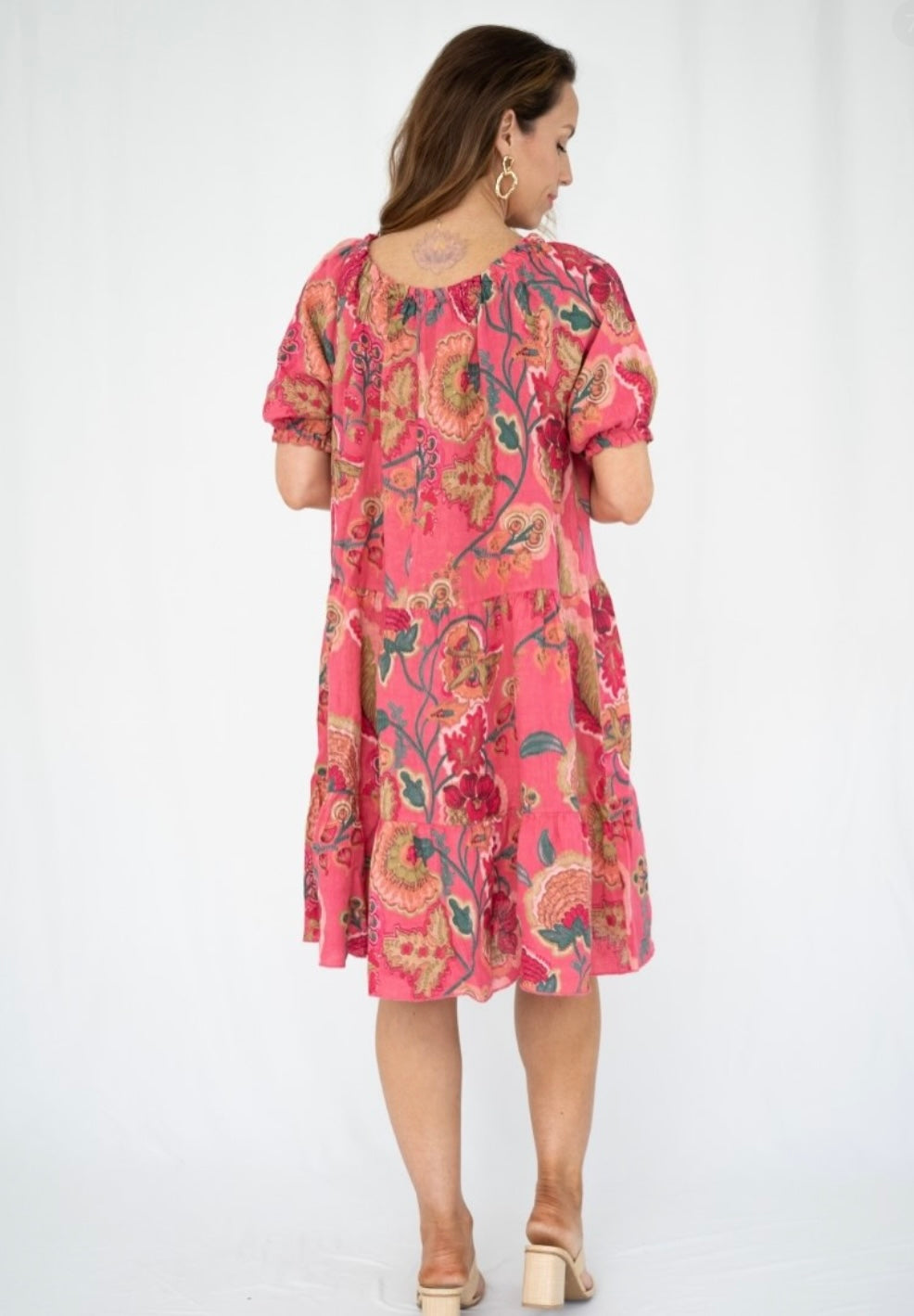Pink 100% linen dress showing knee length and relaxed fit