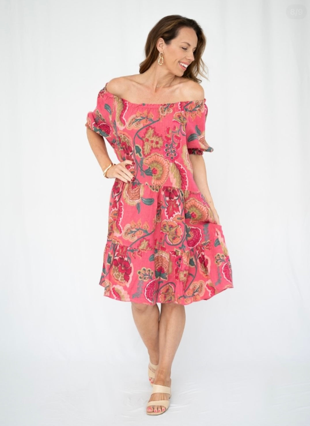 Caprice pink floral dress with tiered skirt detail