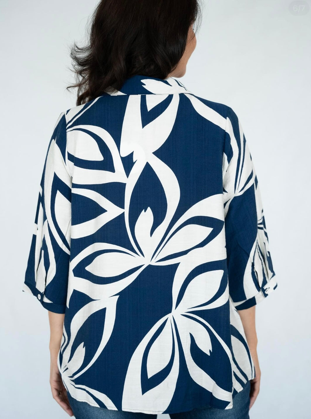 Tessa flower shirt showing A-line silhouette and lightweight fabric