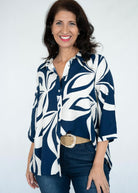 Navy floral viscose polyester shirt with 3/4 sleeves and relaxed fit