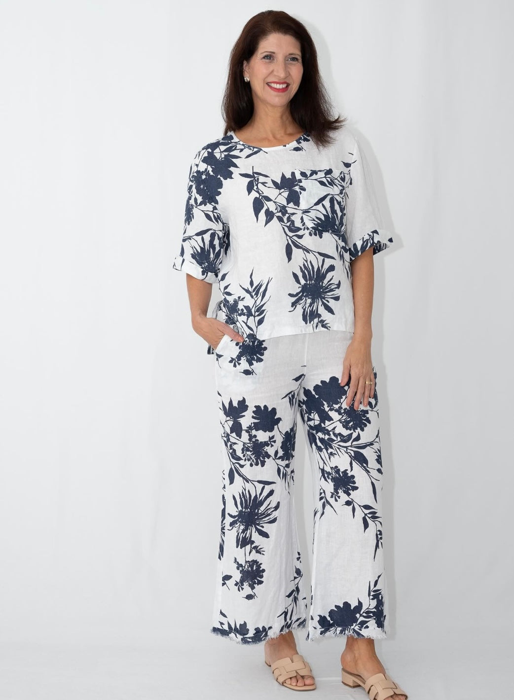 Navy and white floral linen top and pants set - 100% linen