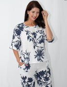 Burst print linen top with crew neck and elastic waist pants