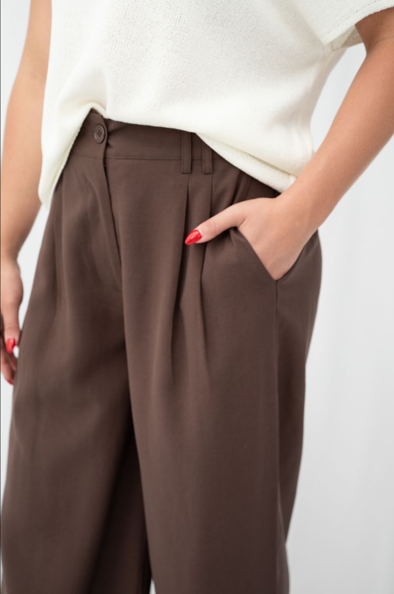 Brown wide leg pants with front pleats and elastic back waist