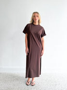 Brown jersey maxi dress in t-shirt style with side splits