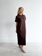 Rita brown viscose maxi dress showing relaxed fit and side split detail