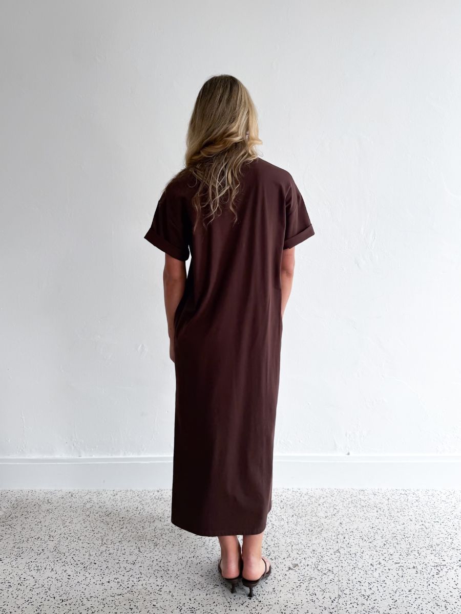 Brown jersey maxi dress full length view with casual t-shirt silhouette