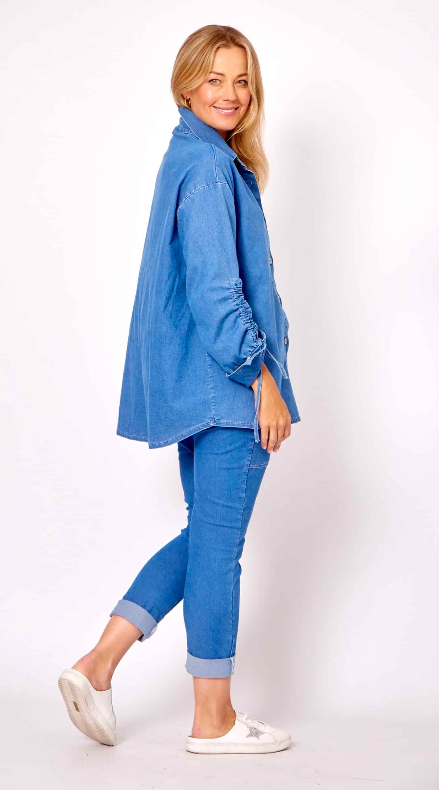 Denim shirt and joggers set showing relaxed fit and pull-on stretch pants detail