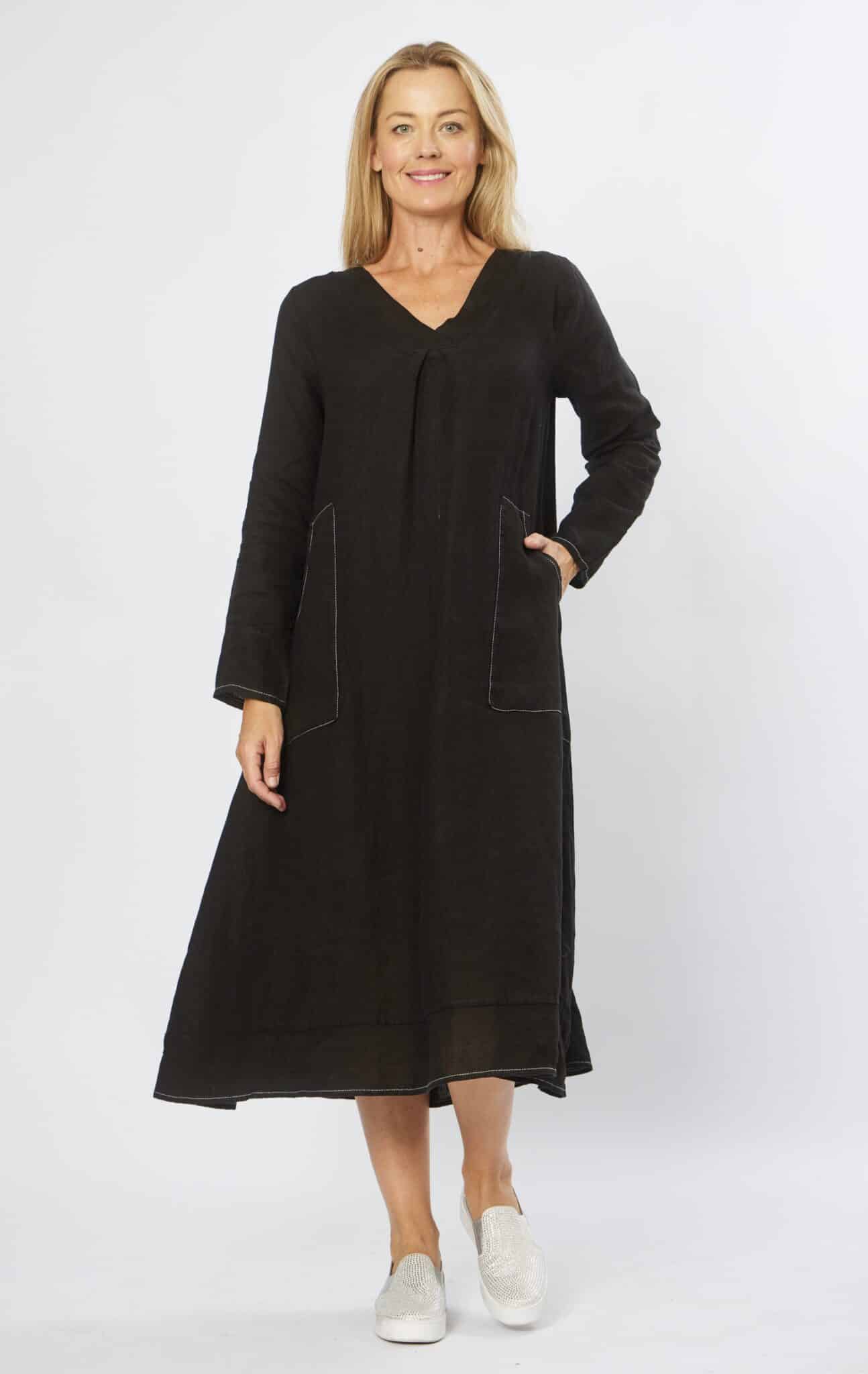 Black Top Stitched Linen Dress Willow & Fli Black Top Stitched Linen Dress Willow & Fli