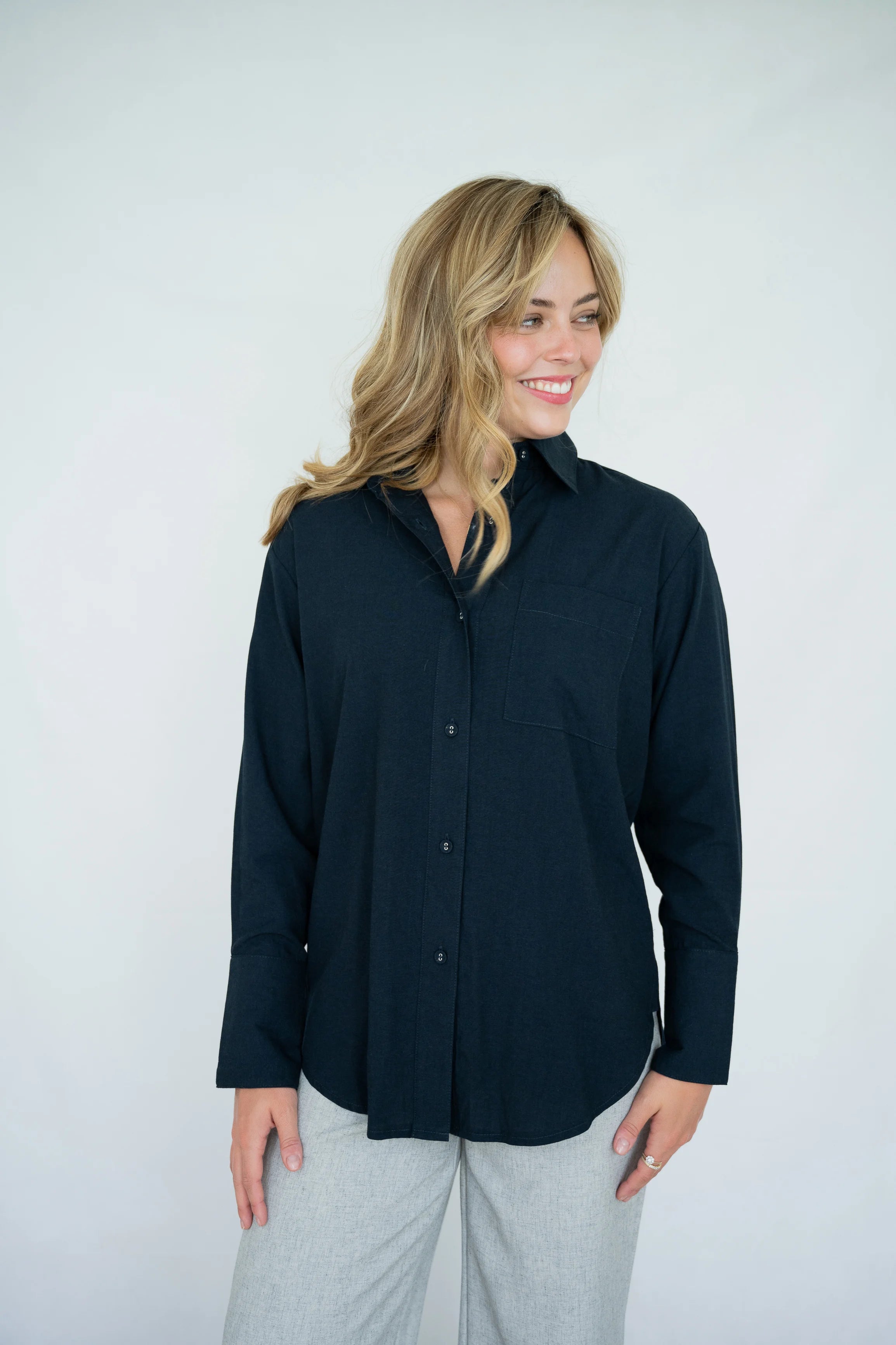 Navy collared shirt in lightweight viscose with full-length buttons