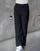 Navy wide leg corporate pants in viscose with elastic back waist