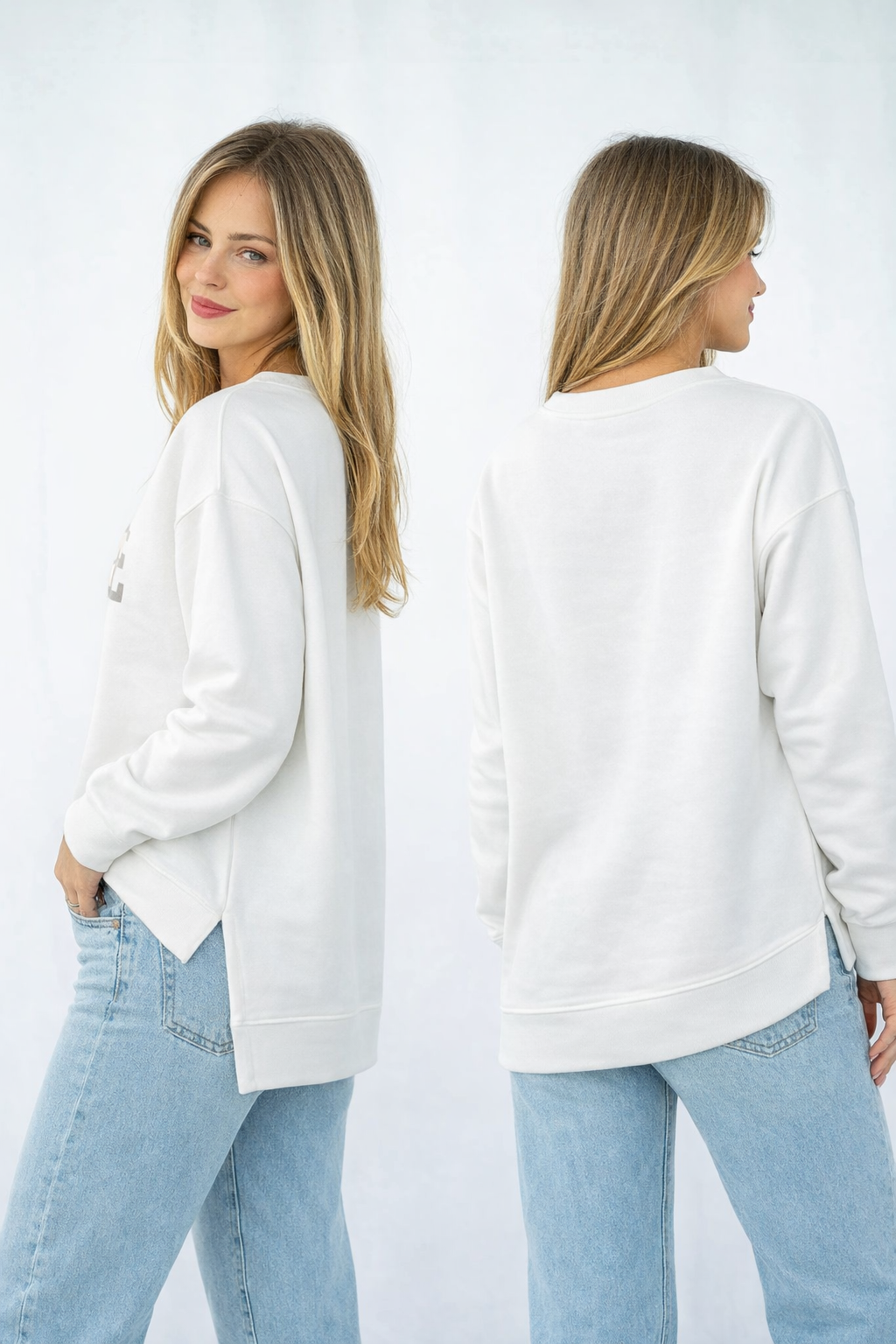 Womans white sweatshirt and light blue jeans, shown from front and back. Highlow hem line split in side crew neck